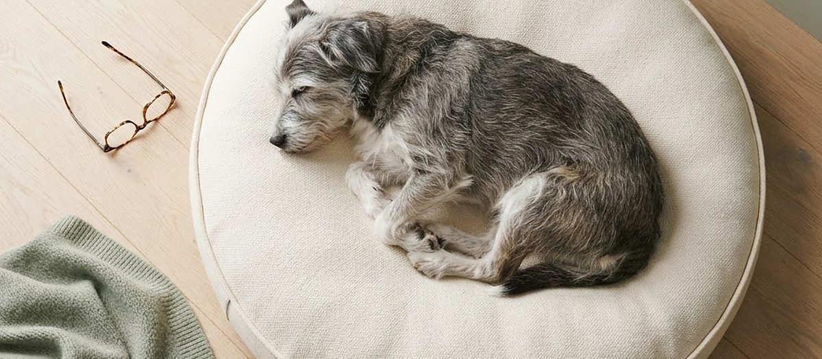 A senior mixed-breed dog asleep on a thick orthopedic dog bed on a pale oak floor