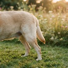 An older yellow Labrador standing in a sunny yard