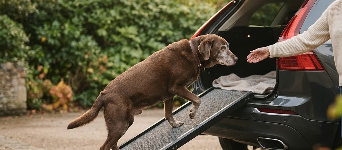 A senior brown dog stepping up a carpeted folding ramp into the open trunk of an SUV